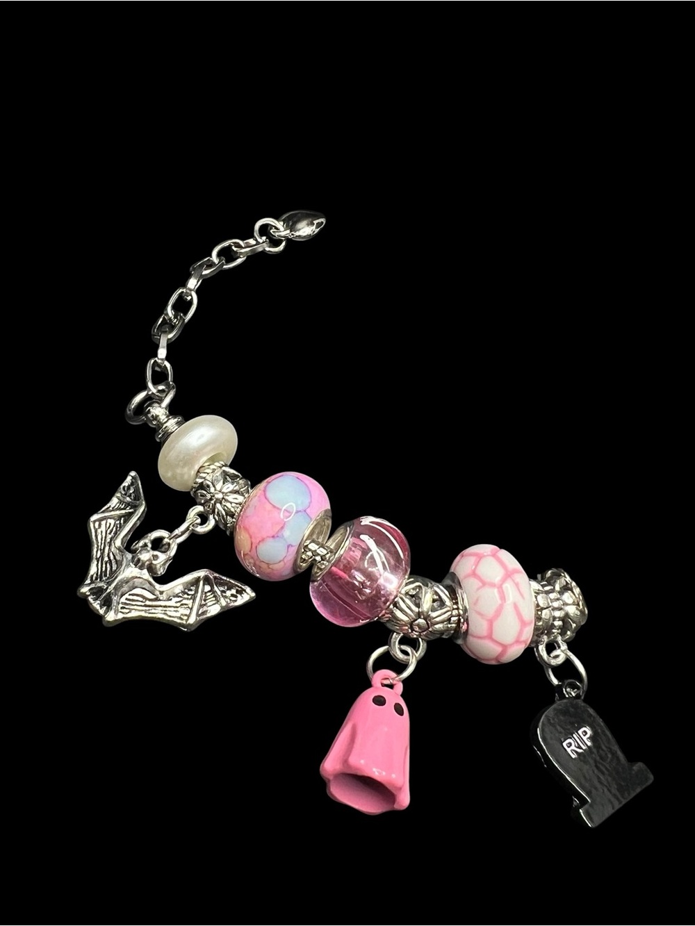 👻 Silver Halloween "Ghoul Friend Line" Pink & Black Charm Bracelet ✨